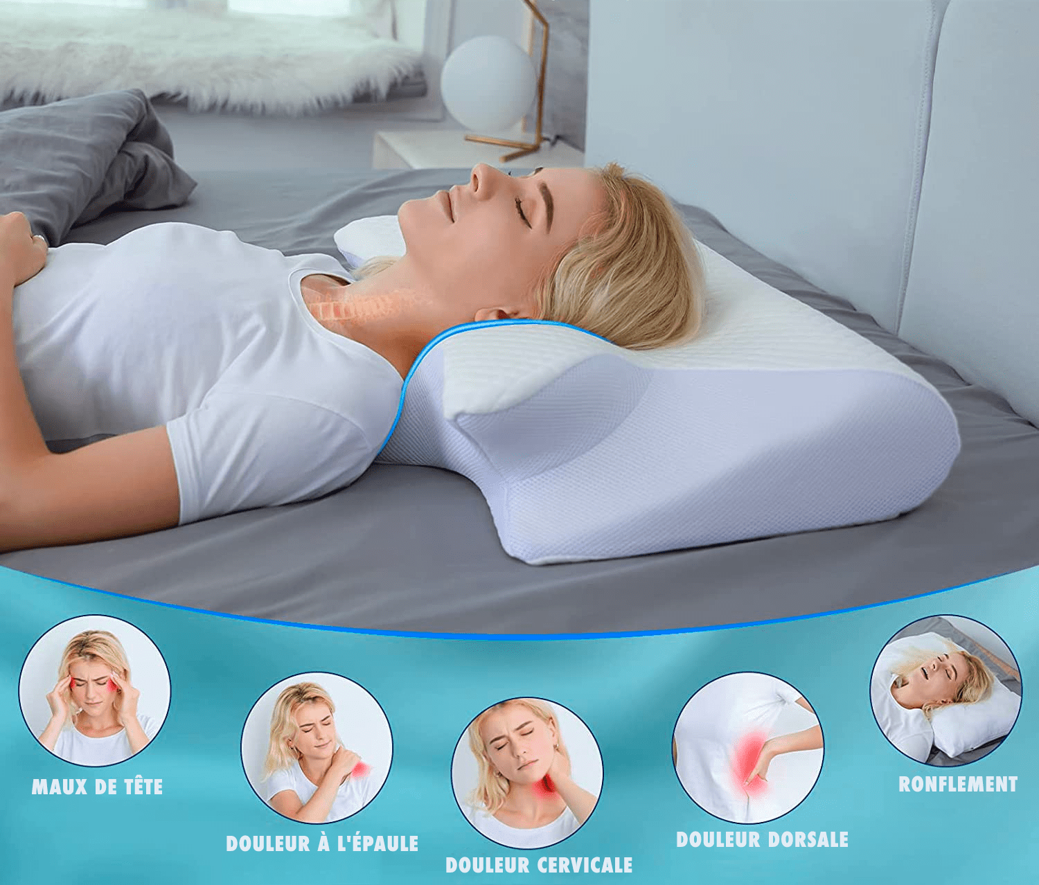 Oreiller Ergonomique Orthopédique en Mousse à Mémoire de Forme pour la Nuque et les Épaules